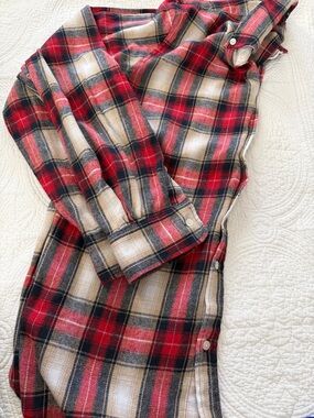 Brandy Melville Red and Cream Plaid Button-Up Flannel Shirt